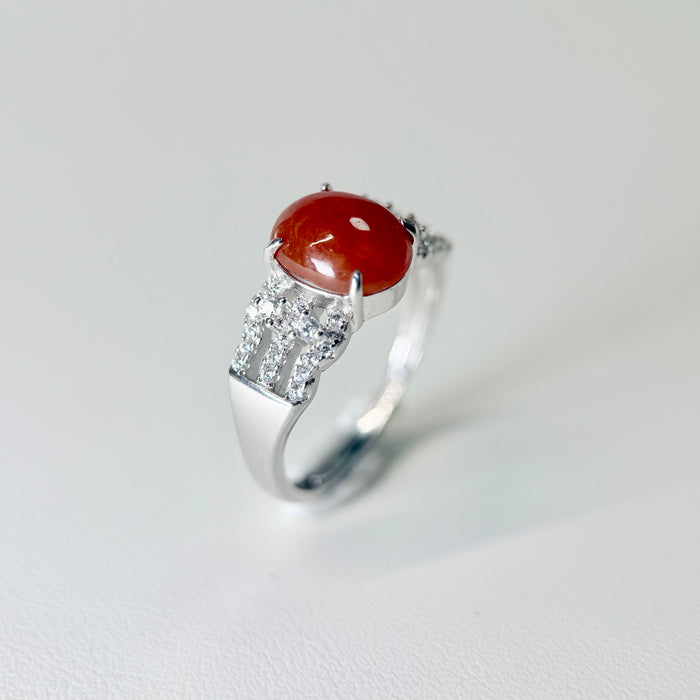 Crimson Ember – Icy Red Jadeite Cabochon Ring (S925 Silver)