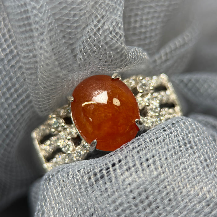 Crimson Ember – Icy Red Jadeite Cabochon Ring (S925 Silver)