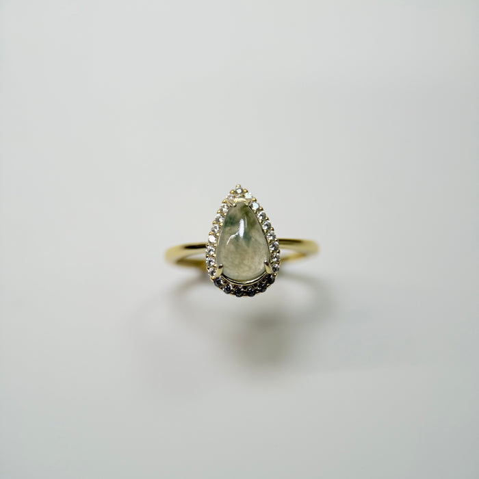 Tear of Dawn – Icy Piao Hua Jadeite Teardrop Ring (S925 Silver, Gold Finish)